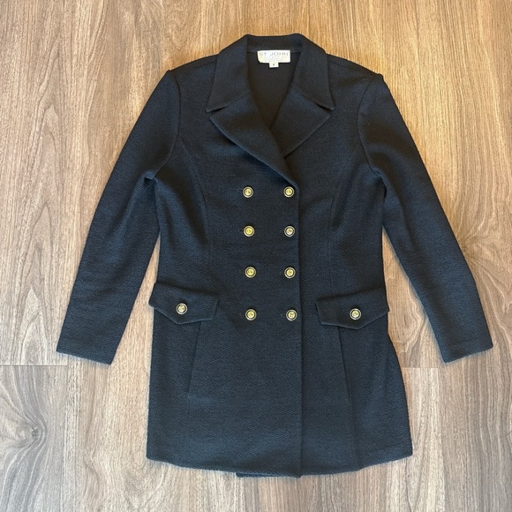 St. John Black Double-Breasted Pea Coat with Gold Buttons size 8